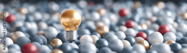 Fototapeta Golden light bulb stands out among many silver and red spheres, symbolizing unique ideas and creative thinking in crowded environment
