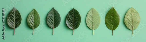 Fototapeta Green leaves arranged in row on mint background, showing various shades and textures with fresh and natural feeling