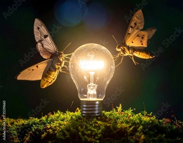 Obraz Two moths near a glowing lightbulb on moss