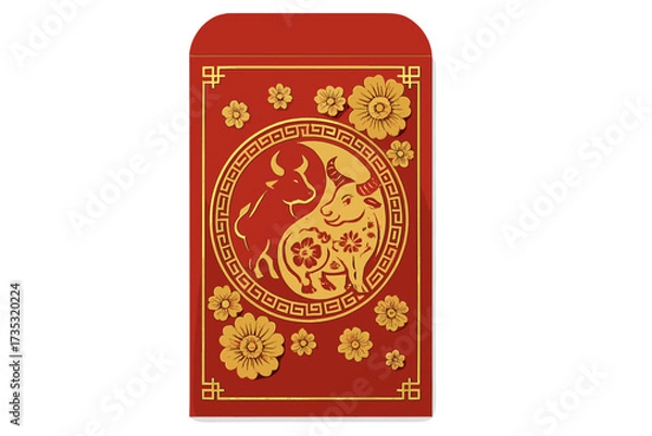 Fototapeta Chinese New Year greeting card. Red packet money envelope, ang pau design. Year of the Ox zodiac sign. Gold paper cut ox in yin and yang symbol. Asian floral craft style.