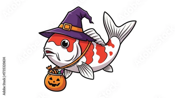 Obraz Halloween Koi in Costume: An adorable, animated koi fish sports a wizard hat and a charming pumpkin bag, embodying the spirit of Halloween with its playful attire and festive spirit.