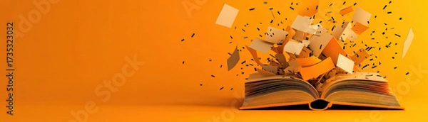 Fototapeta Open book with pages exploding outward in dynamic burst of paper fragments and confetti on vibrant orange background, creative and energetic