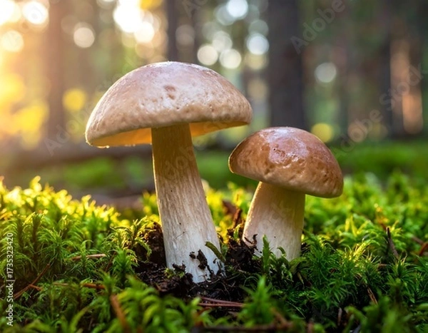 Obraz Two mushrooms in a mossy forest floor bathed in sunlight