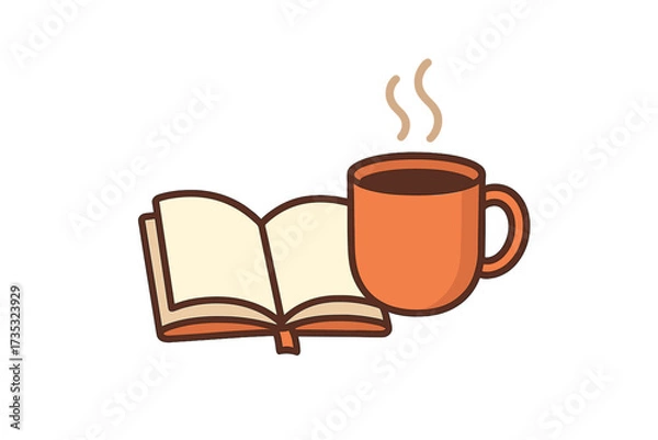 Fototapeta Open book and cup of hot coffee or tea. Reading, study or education concept. Logo for book club, blog, library or bookstore. Cozy morning hobby with a warm drink. Vector icon.