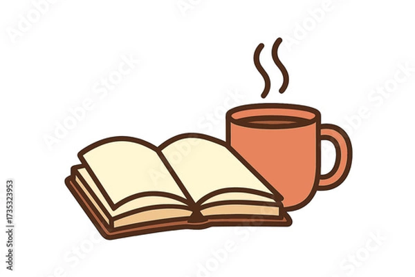 Fototapeta Open book with a mug of hot coffee or tea. Cozy reading, studying, or leisure concept. Logo for a book club, blog, library, or cafe. Cute flat cartoon vector icon design.