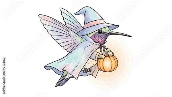 Fototapeta Hummingbird Wizard: An adorable illustration of a hummingbird in a wizard costume, holding a glowing pumpkin, ready for a spooky adventure
