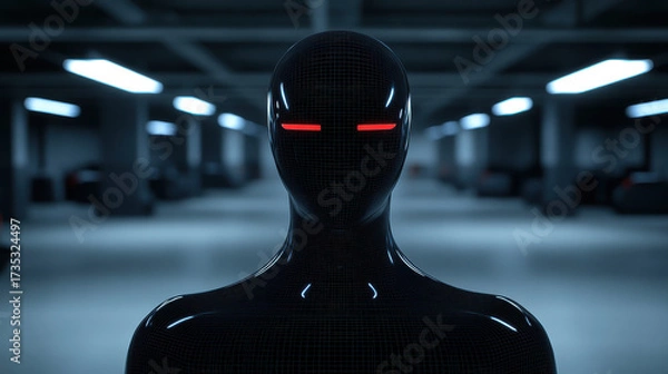 Fototapeta Futuristic black humanoid robot with glowing red eyes stands in dimly lit parking garage, evoking mysterious and intense atmosphere