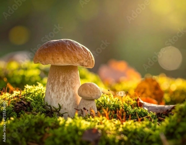 Obraz Two mushrooms in a sunlit forest