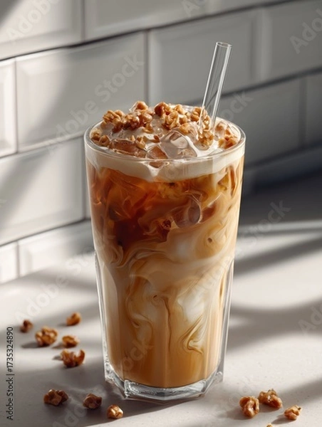 Fototapeta Iced coffee topped with whipped cream and caramel in a glass, enjoyed during a sunny afternoon indoors
