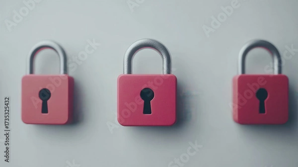 Fototapeta Red padlock security concept with three locks in row on gray background, symbolizing protection and safety in calm atmosphere