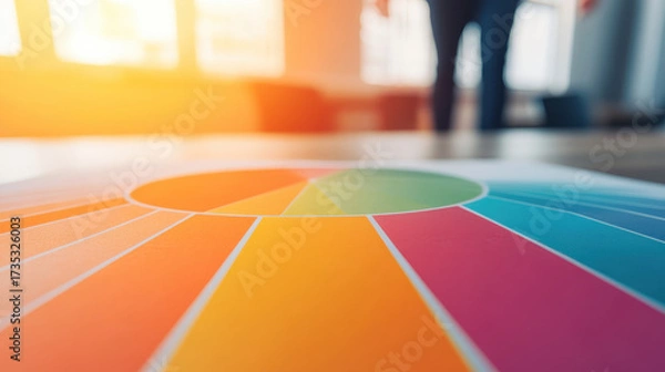 Fototapeta Colorful pie chart on table with sunlight and blurred person in background, creative business concept with warm atmosphere