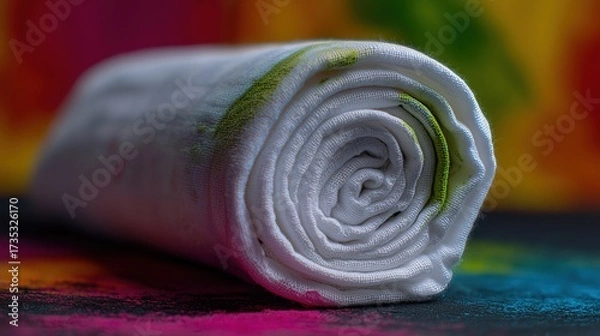 Fototapeta Rolled white towel resting on colorful surface with vibrant hues in the background