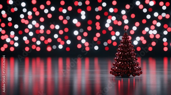 Fototapeta Red Christmas tree decoration with shiny baubles and star on top, glowing festive lights in background creating warm holiday mood