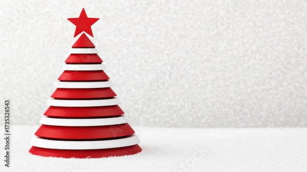 Fototapeta Modern red and white layered Christmas tree with star on top stands on white surface against light textured background, festive and minimalistic