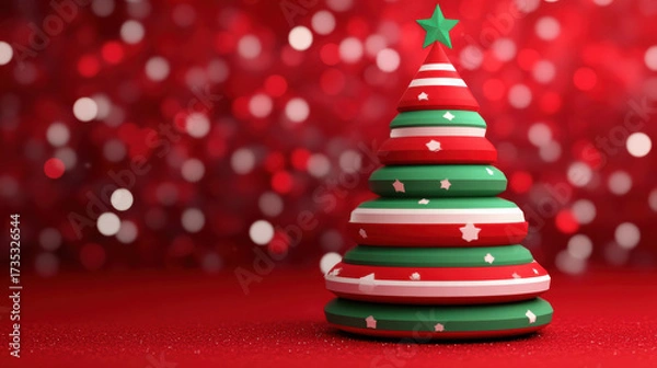Fototapeta Creative 3D rendering of Christmas tree with red, green, and white layers decorated with stars and topped with green star on red bokeh background