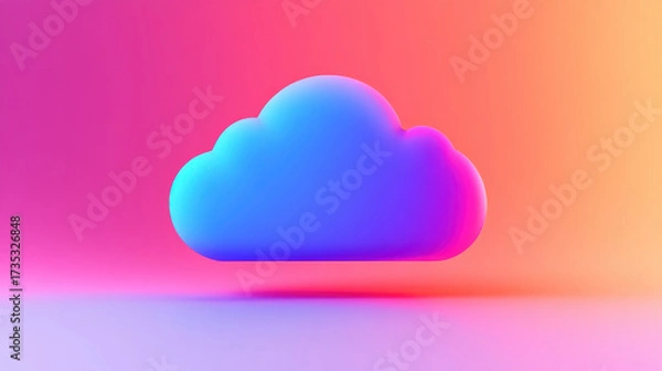 Fototapeta Vibrant 3D cloud icon with smooth gradient colors blue and pink floats against bright pink and orange background, evoking creativity and modern