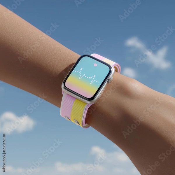 Fototapeta Smartwatch displays heartbeat data under clear sky with soft pastel colors in background