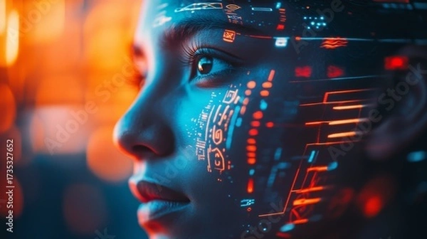 Obraz An ethereal portrait of a young woman with digital patterns illuminating her face. A blend of technology and art creates a captivating experience. Generative AI.