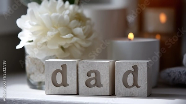 Fototapeta Decorative display featuring blocks spelling dad, a candle, and a flower on a table