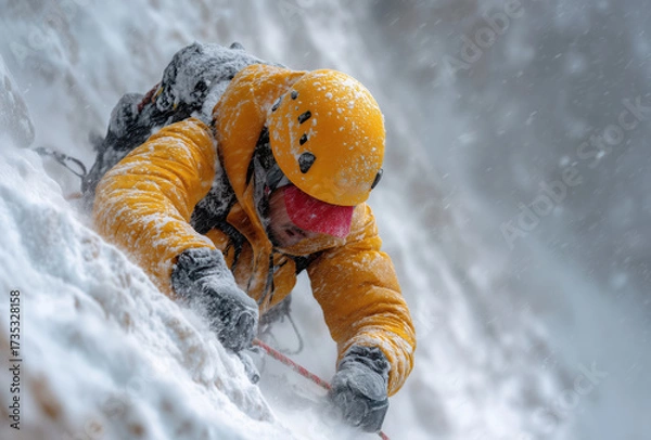 Fototapeta Climber conquering snowy mountain in winter storm while harnessed and focused on the ascent