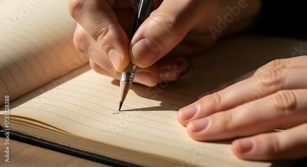 Obraz Close-up of a person's hand writing with pencil on lined paper within a notebook.