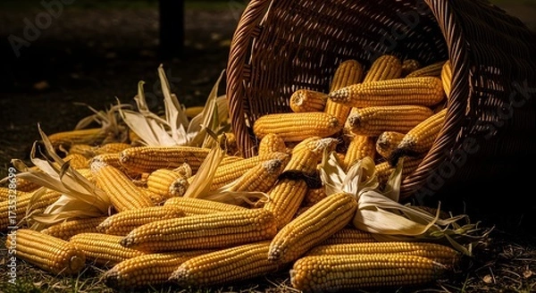 Obraz A tipped-over wicker basket spills a harvest of ripe corn cobs onto the grass in a rustic, autumnal scene.