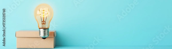 Fototapeta Glowing light bulb resting on cardboard box against bright blue background, symbolizing creativity and innovation