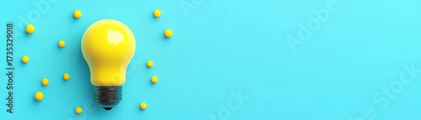 Fototapeta Creative rendering of floating yellow light bulb surrounded by small yellow spheres on bright blue background, symbolizing innovation and ideas