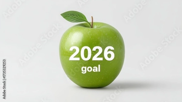 Fototapeta Green apple symbolizing a goal for 2026, featuring a leaf and bold text.