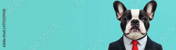 Fototapeta Creative rendering of black and white French Bulldog wearing business suit and red tie against turquoise background, looking serious