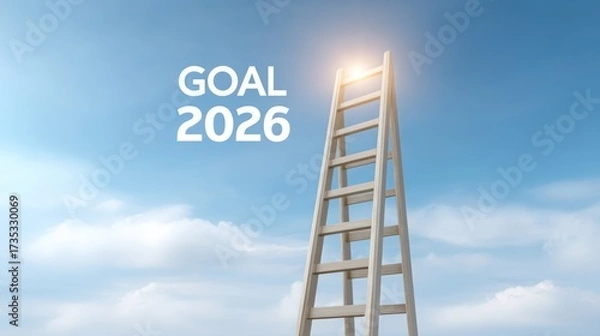 Fototapeta A ladder reaching towards a bright goal in the sky emphasizing ambition for 2026.