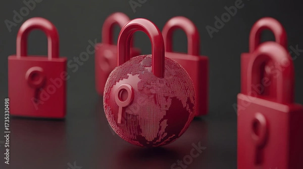 Fototapeta Red digital globe with unlocked padlock symbolizing global cybersecurity and data protection concepts in dark background