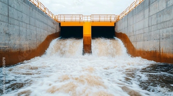 Obraz Medium wide shot of automated gates rising as part of Smart Flood Barrier flood control system. 