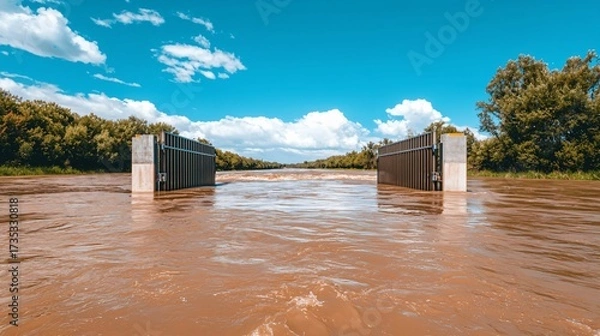 Obraz Medium wide shot of automated gates rising as part of Smart Flood Barrier flood control system. 