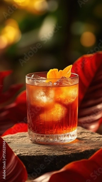 Fototapeta Refreshing negroni cocktail elegantly served without topping surrounded by lush foliage in a vibrant setting