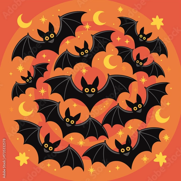 Fototapeta A whimsical halloween illustration featuring a swarm of cute black bats flying among yellow crescent moons and sparkling stars on an orange gradient background