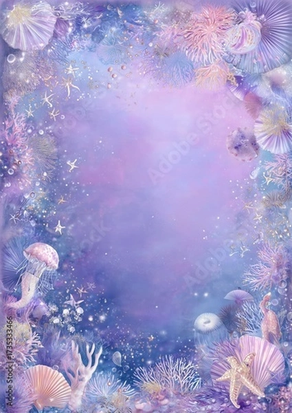 Fototapeta Soft and dreamy pastel watercolor with delicate aquatic elements around a blank canvas in serene hues