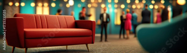 Fototapeta Modern red sofa in lounge area with blurred people socializing in background, warm lighting creating cozy and inviting atmosphere