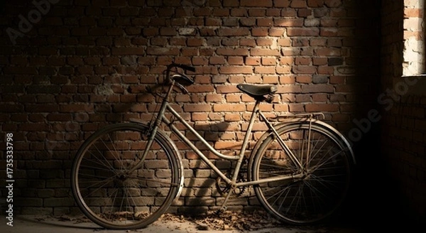 Obraz An old, weathered bicycle leans against a textured brick wall, bathed in dramatic light and shadow, suggesting abandonment or a bygone era.