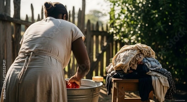 Obraz A woman in historical attire washes clothes by hand in a metal basin outdoors, with a pile of laundry nearby and a wooden fence in the background.