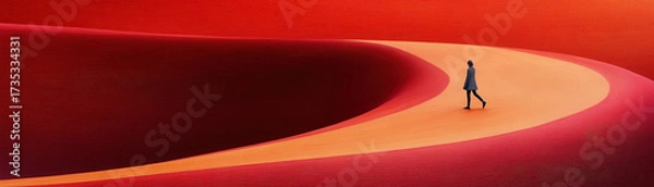 Fototapeta Lone figure walking on smooth curved pathway surrounded by vibrant red and orange abstract shapes, evoking sense of solitude and contemplation