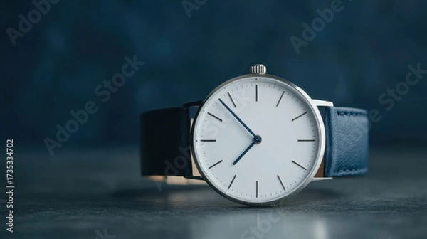Fototapeta Minimalist wristwatch with white dial and black leather strap on dark surface, elegant design evokes timeless style and sophistication