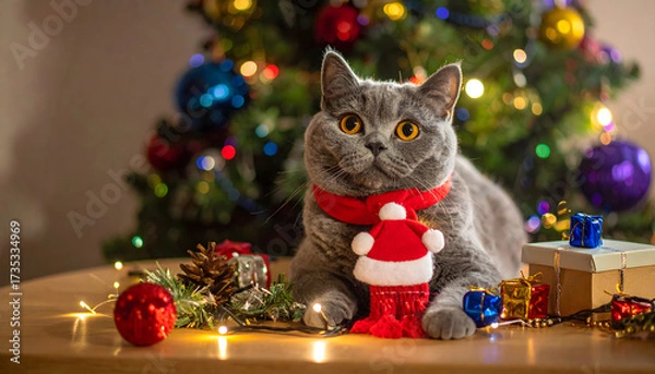 Obraz cat with christmas tree
