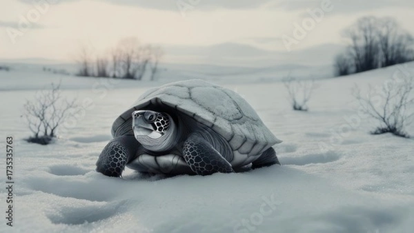 Fototapeta A solitary turtle emerges from the snow covered landscape.