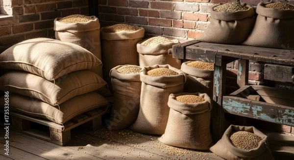 Obraz Numerous burlap sacks filled with grain are stacked and arranged in a rustic storage area with brick walls and wooden shelving.