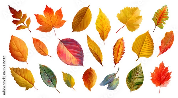 Fototapeta Collection of assorted colorful autumn leaves set various shapes isolated on transparent background, botanical decorative illustration


