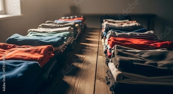 Obraz Neatly folded stacks of colorful clothing arranged on wooden shelves, illuminated by soft natural light creating a warm and organized atmosphere.