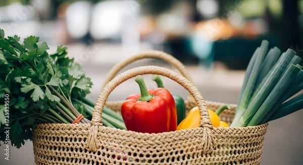 Obraz A woven straw bag overflowing with fresh, colorful vegetables like bell peppers, green onions, and leafy greens, set in a blurred outdoor market.
