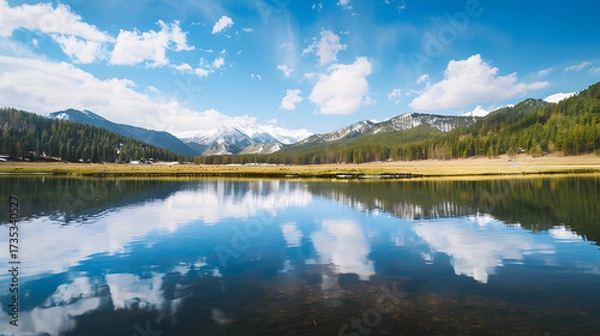 Obraz Mountain lake with snowcapped peaks and reflection