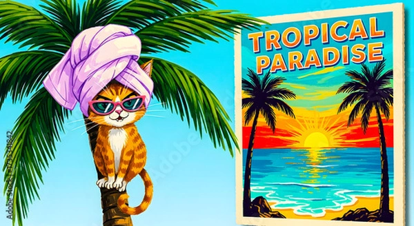 Obraz Vibrant illustration of a relaxed cat in sunglasses and a towel on a palm tree, with a 'Tropical Paradise' sunset beach poster, perfect for summer vacation themes